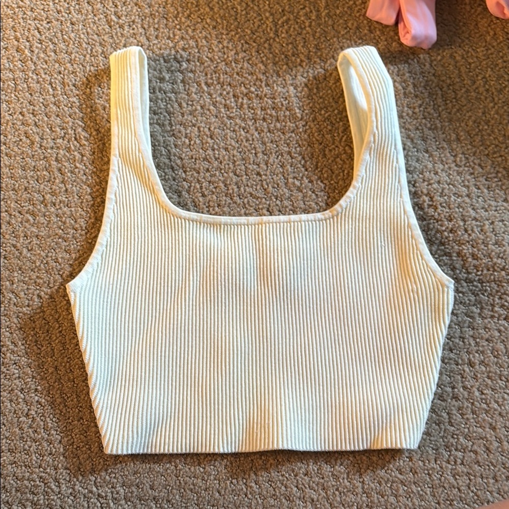 Babaton Cream Ribbed Crop Tank Top